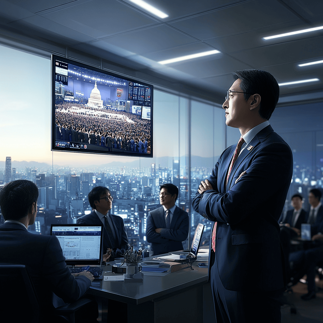 어두운 집무실에서 캐주얼한 차림의 남성이 노트북과 함께 미국 국회의사당 취임식을 시청하는 모습