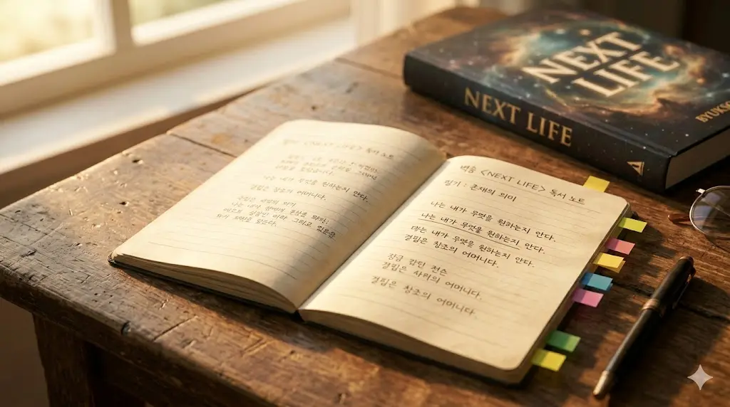 독서 노트에 넥스트 라이프의 핵심 결말 구절을 정성껏 필사하고 그 옆에 다채로운 인덱스 포스트잇이 붙어 있는 감성적인 책상 풍경
