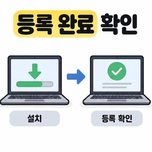 다운로드 진행 화면에서 체크 표시가 있는 화면으로 연결하며 설치 후 등록 확인을 설명하는 이미지