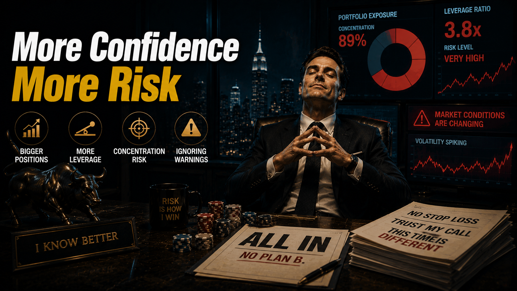 Overconfident investor taking excessive risk through leverage and concentrated positions despite growing market warnings.