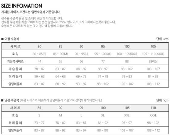수영복 사이즈표