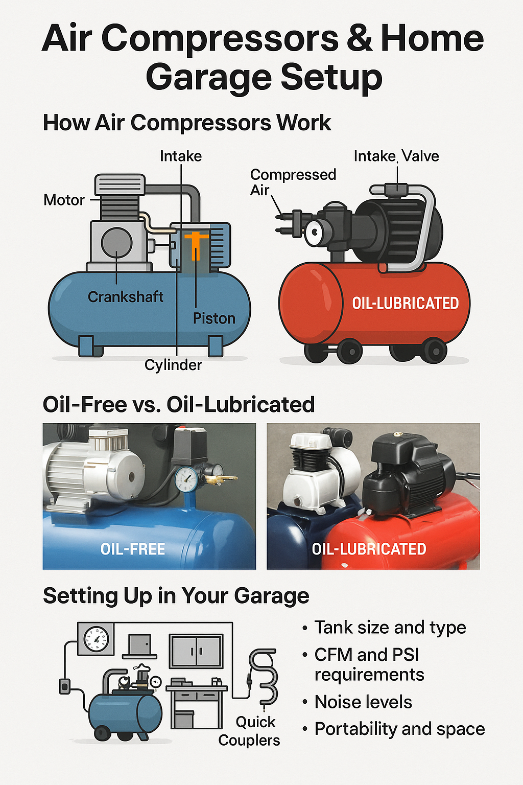 Schematic of a home garage air compressor system with tank, regulator, moisture trap, and tools.