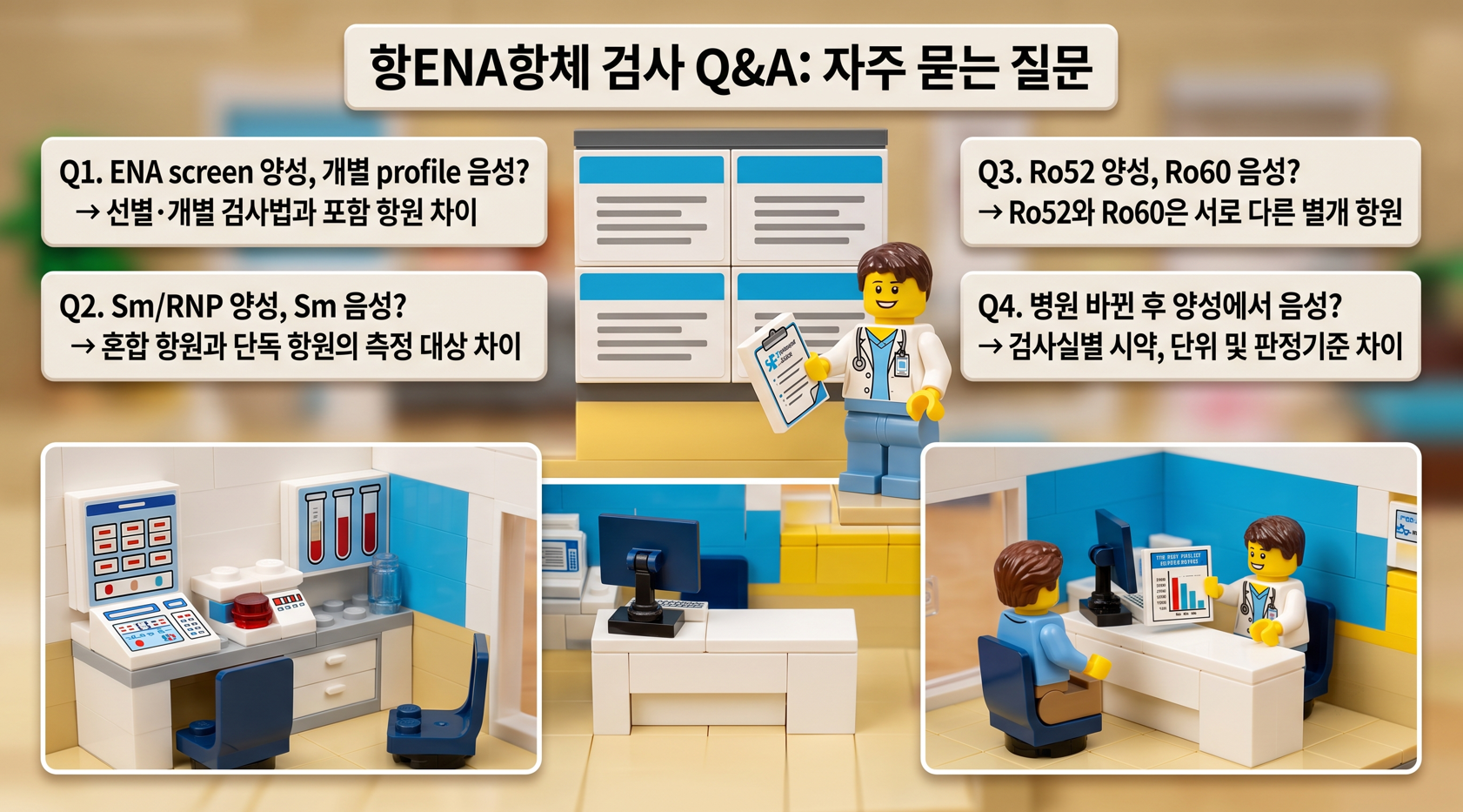 3D 레고 스타일 Q&A 상담실, '항ENA항체 검사 Q&A: 자주 묻는 질문' 4분할 디스플레이 안내판과 환자에게 설명하는 의사 미니피규어