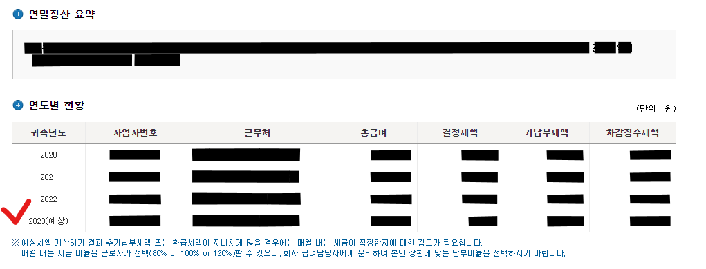 ⑥ 최종적으로 연말정산 요약과 연도별 현황 자료가 제공됩니다.