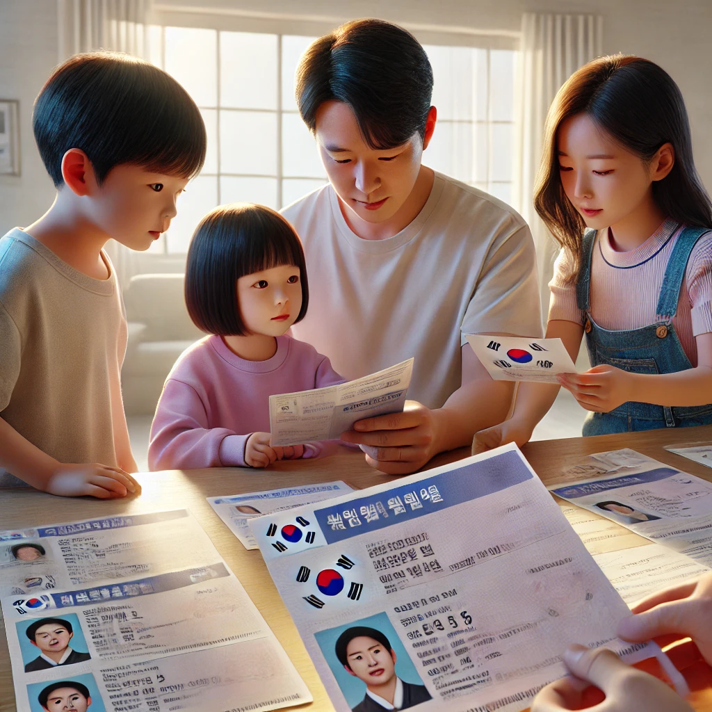 신분증과 가족서류를 준비하는 한국 가족