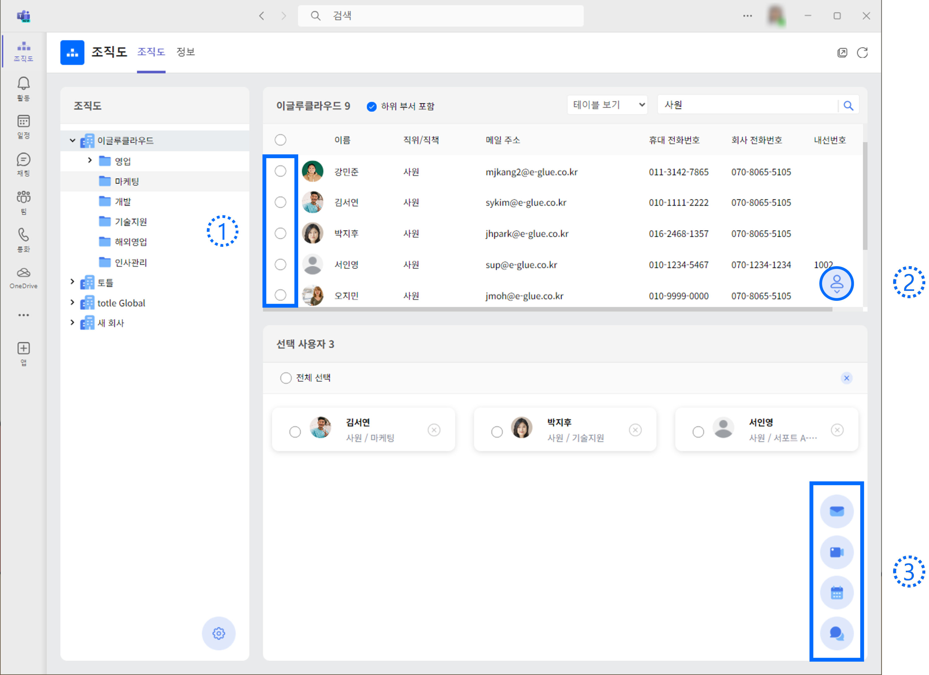 선택한 사람들을 대상으로 빠른 추가작업(메시지, 메일, 채팅, 일정 예약 등)을 하는 방법