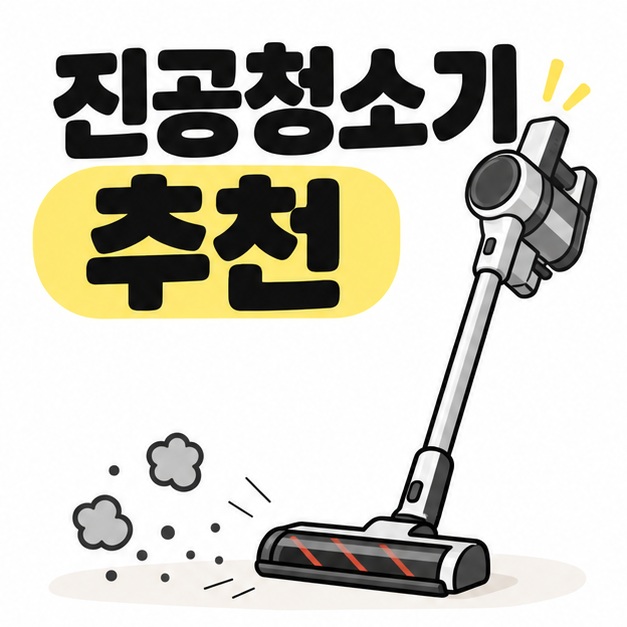 무선 스틱 청소기 그림과 진공청소기 추천 제목을 크게 표시한 카드