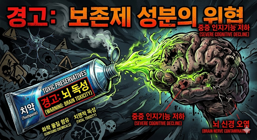 보존제 성분이 뇌 신경계에 미치는 독성을 경고하는 강렬한 그래픽 디자인