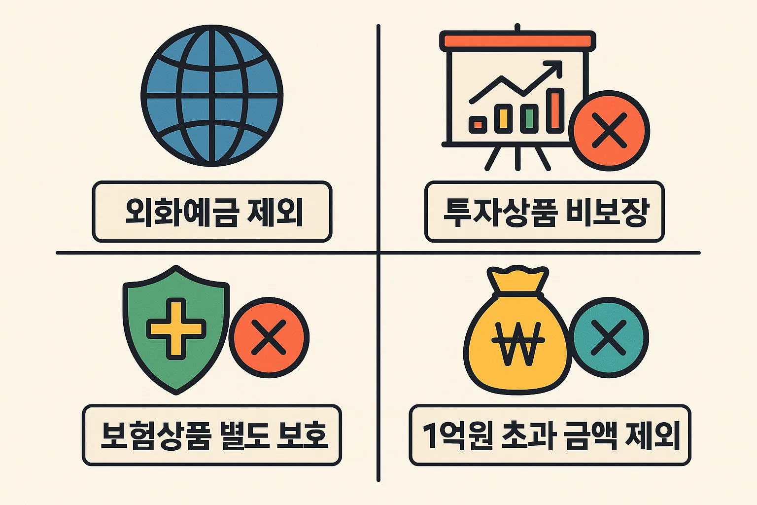 외화예금, 투자상품, 1억원 초과 금액 등 예금자 보호법의 적용 제외 항목을 구체적으로 정리한 2025년 기준 인포그래픽.