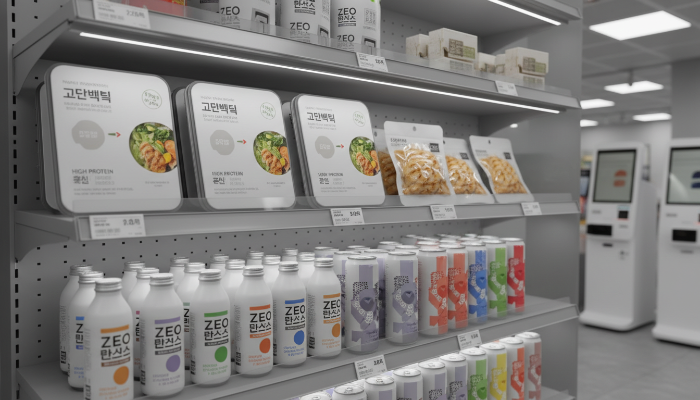 다이어트 도시락과 제로 음료가 진열된 현대적인 2026년 편의점 모습