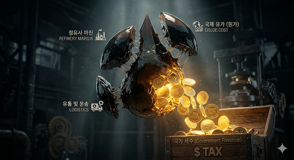 Conceptual 3D visualization of a single oil drop dividing into four cost segments with a significant portion transforming into gold tax coins to represent fuel tax structure.