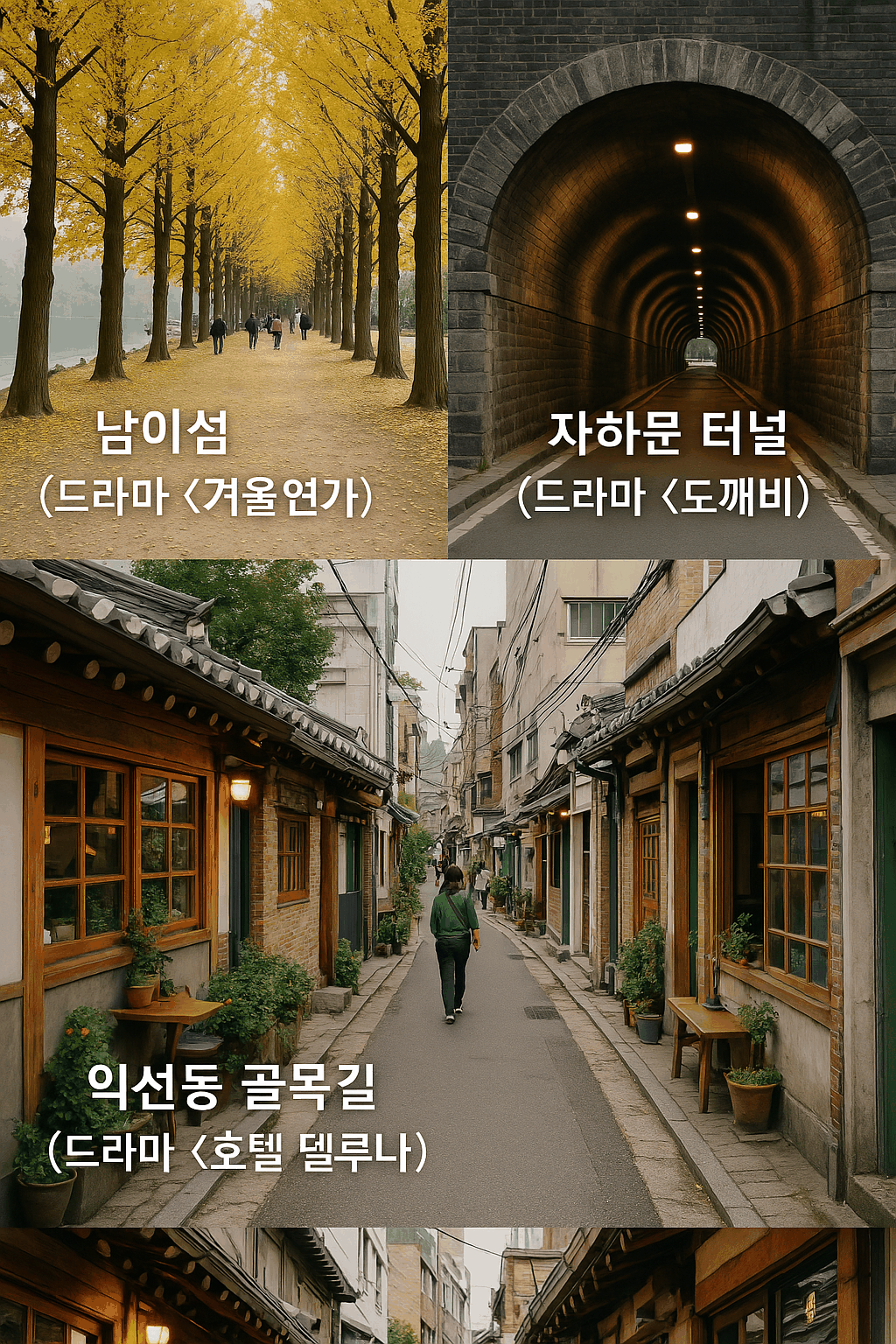 K-드라마 촬영지인 남이섬, 자하문 터널, 익선동 골목길을 실사로 담은 감성적인 사진 콜라주