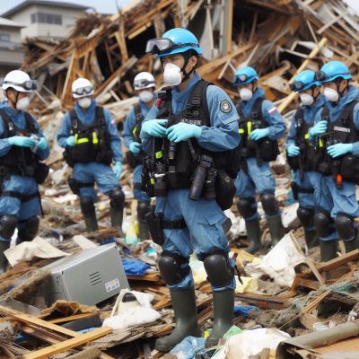 방재전문가가 재난 현장에서 재난복구활동을 하고 있다.