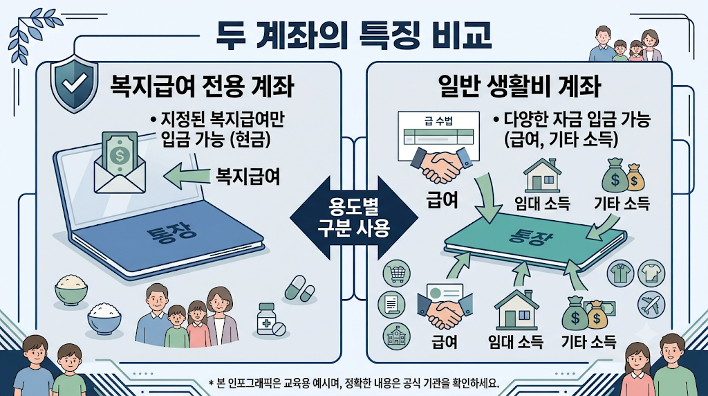 압류방지통장과 일반 통장의 입금 가능 자금 차이를 보여주는 비교 이미지