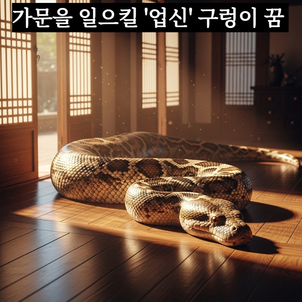 따뜻한 햇살이 비치는 전통 한옥 마루 위로 거대하고 윤기 나는 황금색 구렁이가 평온하게 들어오고 있는 웅장하고 신비로운 일러스트