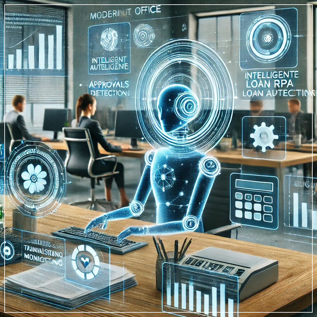 AI 기반 RPA가 대출 승인 및 금융 사기 탐지 업무를 처리하는 첨단 금융 사무실