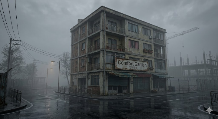 영종도 하늘도시 외곽, 안개 속에 희미하게 보이는 낡지만 기묘한 분위기의 주상복합 빌라 '안락정원'