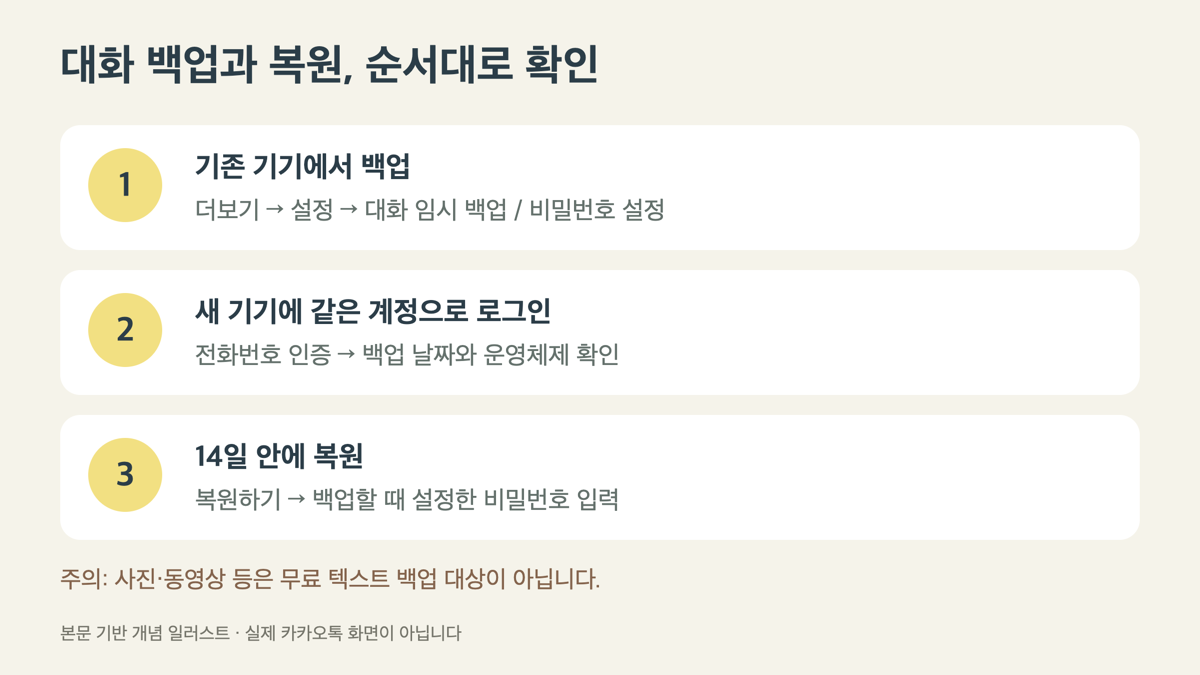 기존 기기 백업, 같은 계정 로그인, 14일 안에 비밀번호로 복원하는 절차 개념도. 실제 앱 화면이 아닙니다.