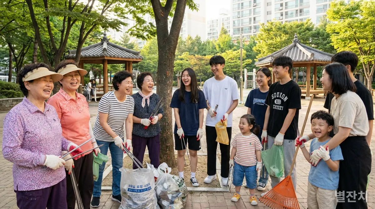 지역사회 공감 증진을 위해 함께 봉사하는 다양한 연령대의 한국인들