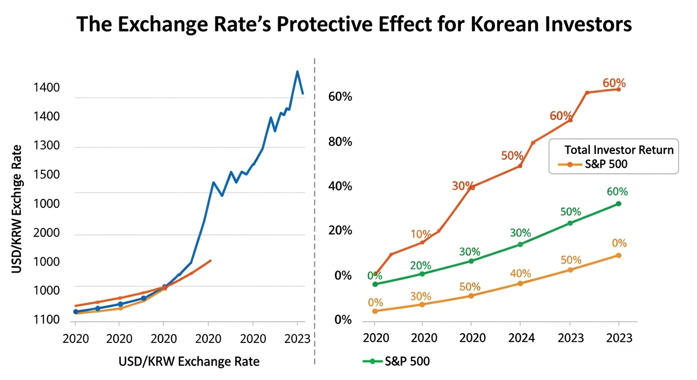 달러와 원화 환율 차트가 위로 솟아오르는 그래프와 S&amp;P 500 차트가 겹쳐져, 미국 투자 수익률이 환율 덕분에 더 높아진 것을 시각적으로 표현