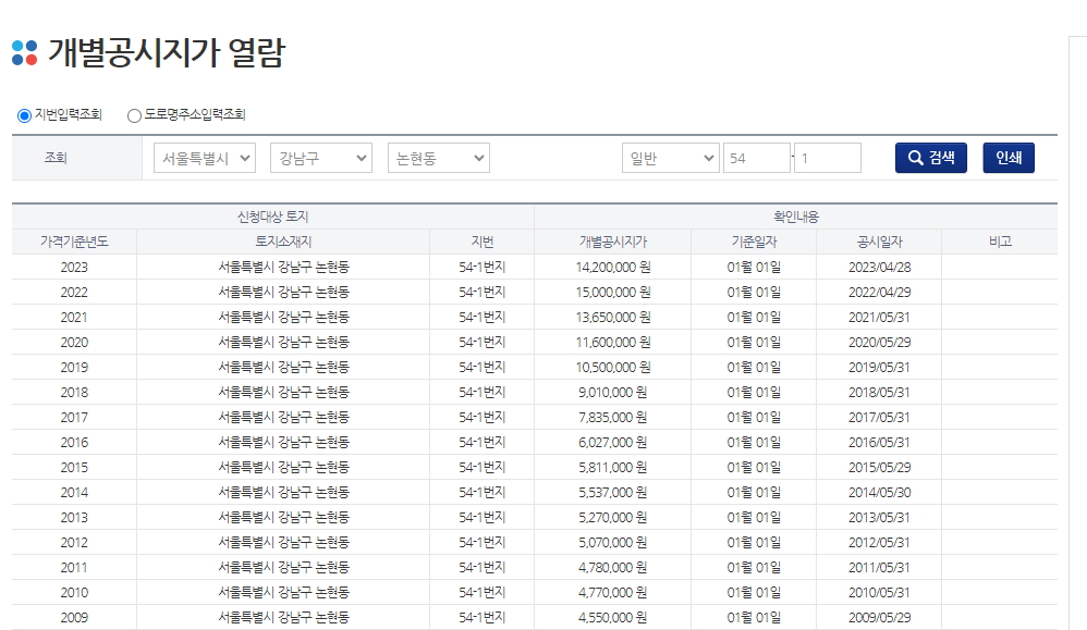 개별공시지가열람결과화면