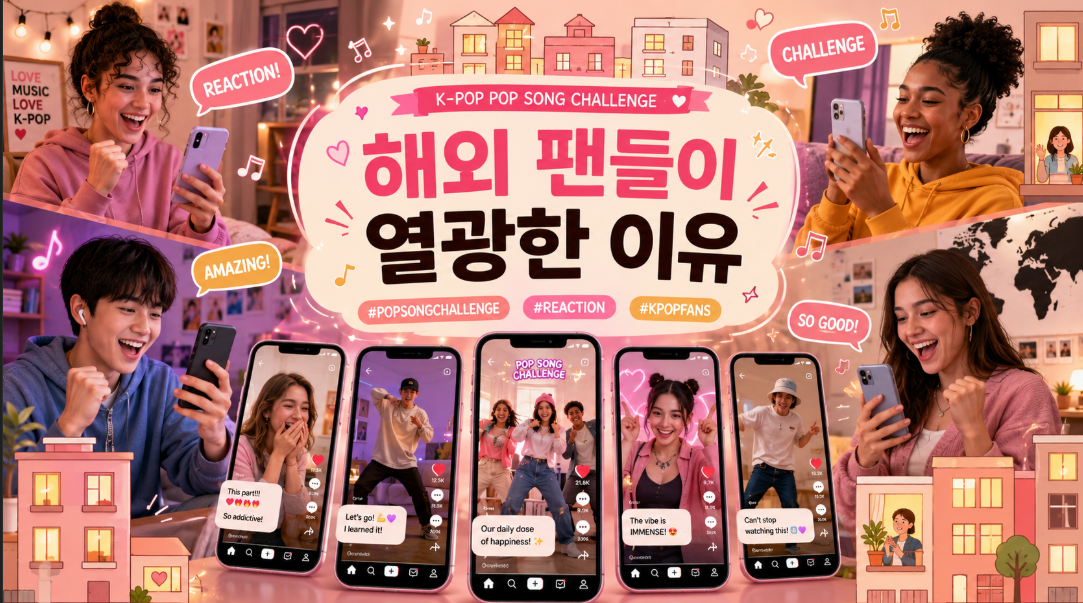 해외 팬들이 로제 APT를 숏폼 챌린지와 팬 콘텐츠로 즐기는 모습을 표현한 이미지