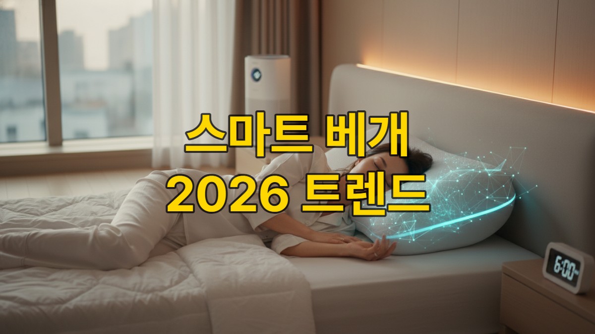 평화롭게 잠든 한국인 30대 여성이 AI 스마트 베개 위에서 수면 데이터를 분석받는 모습. 베개 주변으로 미세한 AI 분석 시각화가 떠오르고, 스마트 침실 환경이 쾌적한 숙면을 돕고 있다.