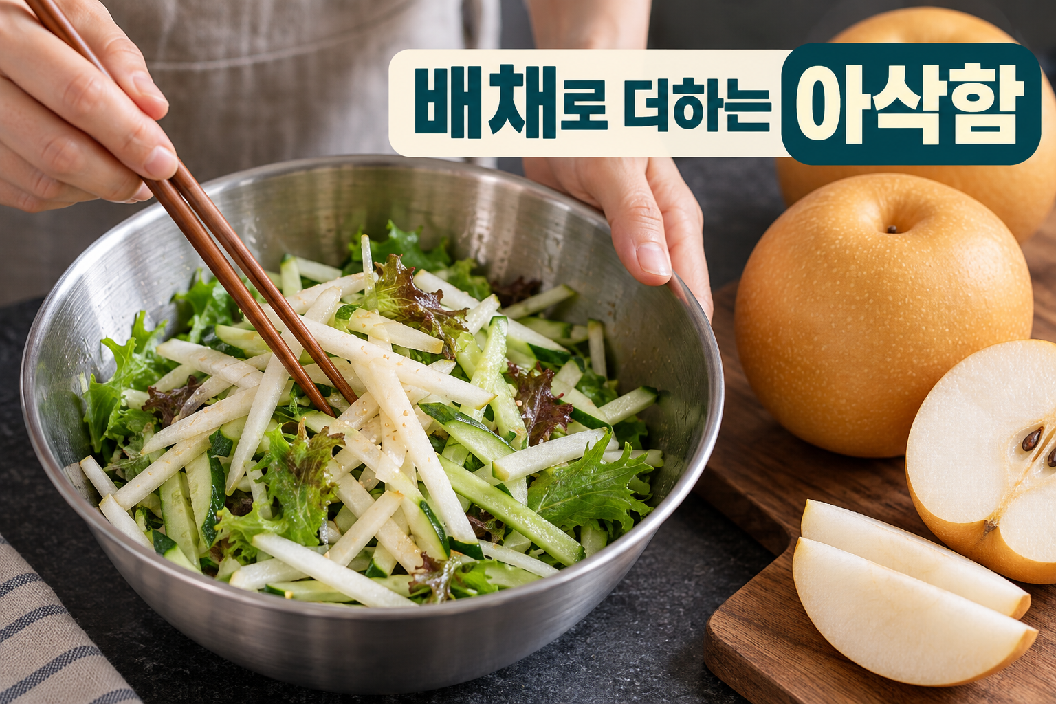 배채와 오이&middot;잎채소를 버무리는 모습