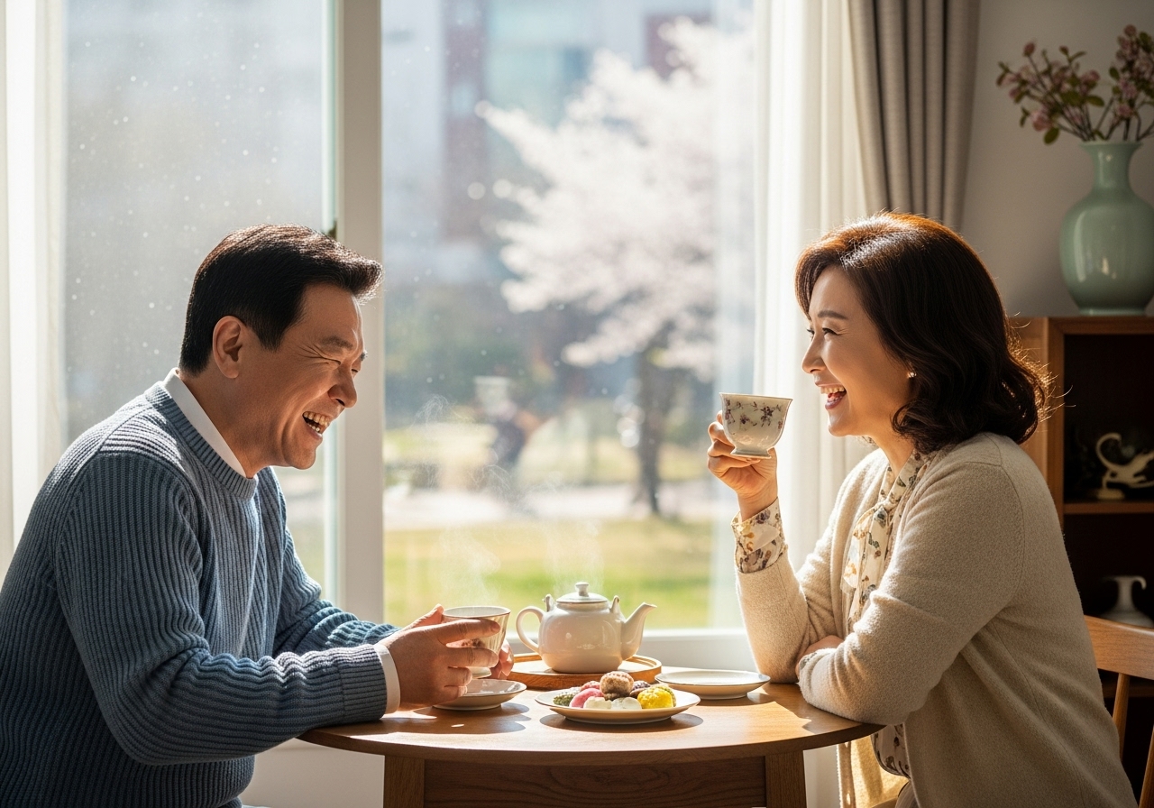 50대 부부 아침 차 함께