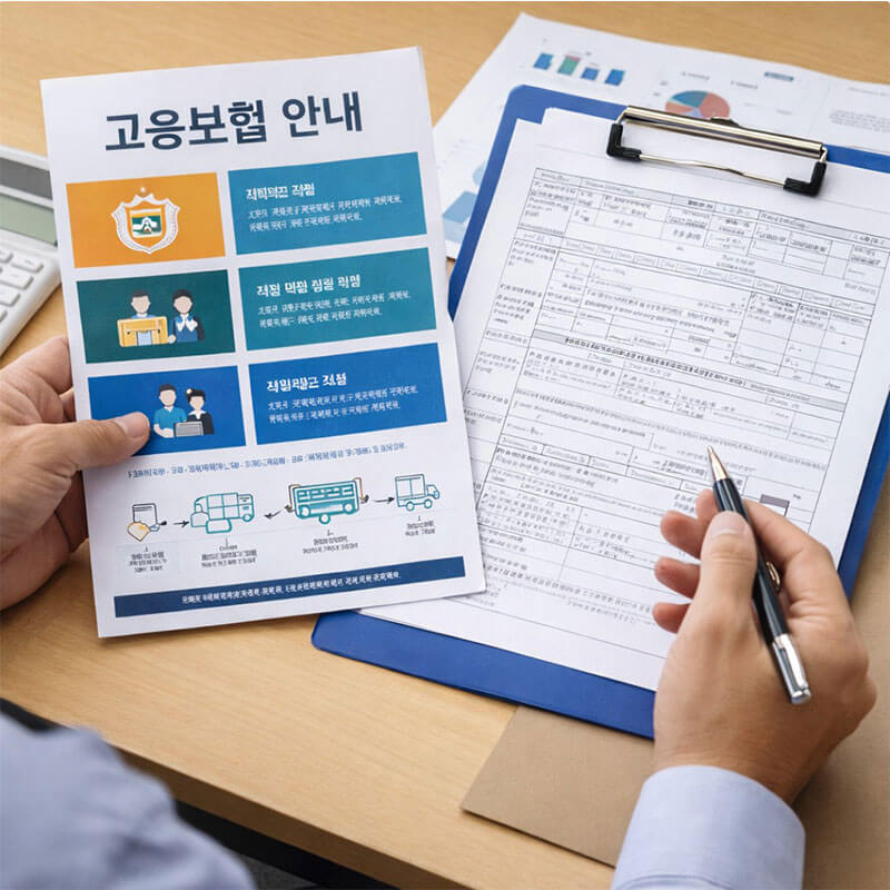 고용보험 제도 안내 자료와 행정 문서를 검토하는 모습