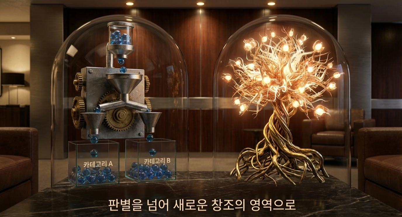 판별적 AI와 대규모 언어 모델(LLM) 기반의 생성형 AI의 시각화 이미지 (AI 생성)