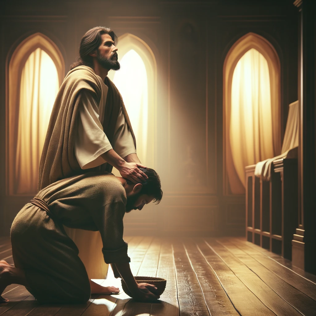 The image captures a devoted person in a moment of surrender, following the mission of Jesus Christ, symbolizing selflessness, sacrifice, and profound dedication.