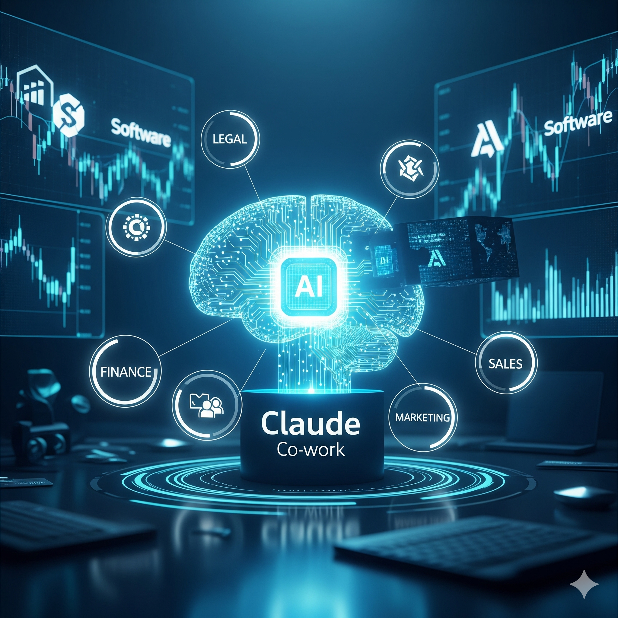 전문 업무 플러그인이 모듈 형태로 결합되는 모습과 배경의 소프트웨어 시장 지표를 시각화한 하이테크 인포그래픽