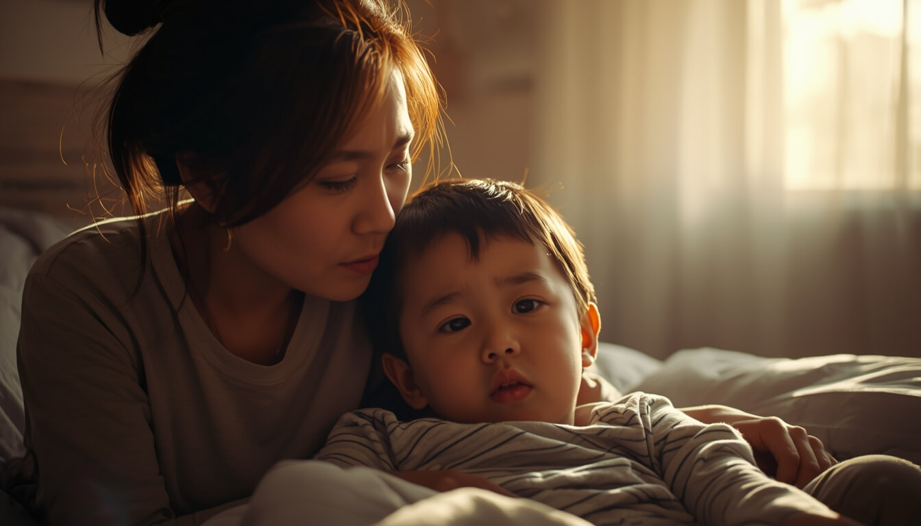 아이 방 벽지의 곰팡이로 인해 기침하는 아이를 돌보는 엄마의 모습