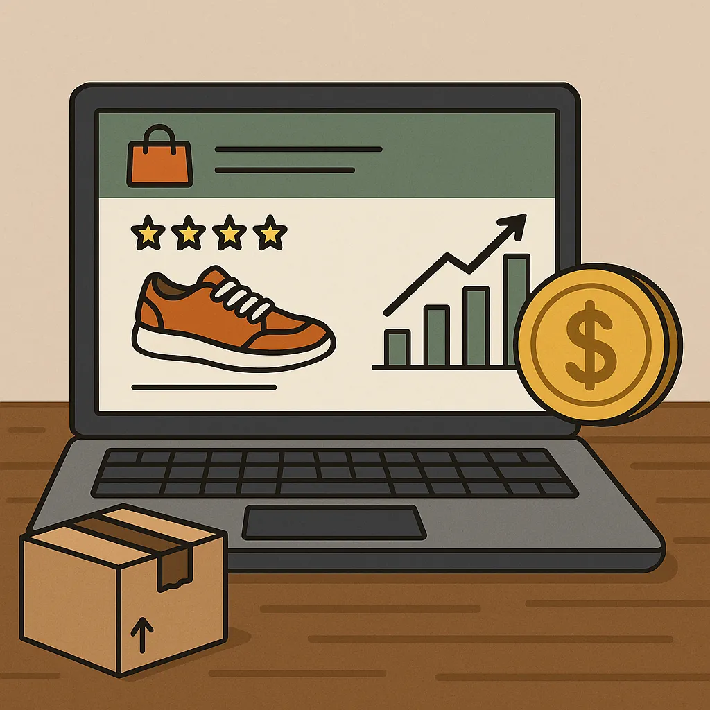 중고거래-사이트-화면에-상품과-수익그래프-배송상자-금화가-나타난-일러스트