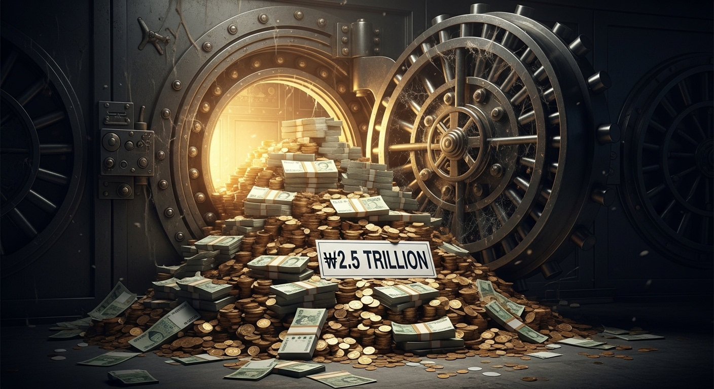금융기관 금고와 2조 5000억 원을 상징하는 동전 더미가 섞인 이미지