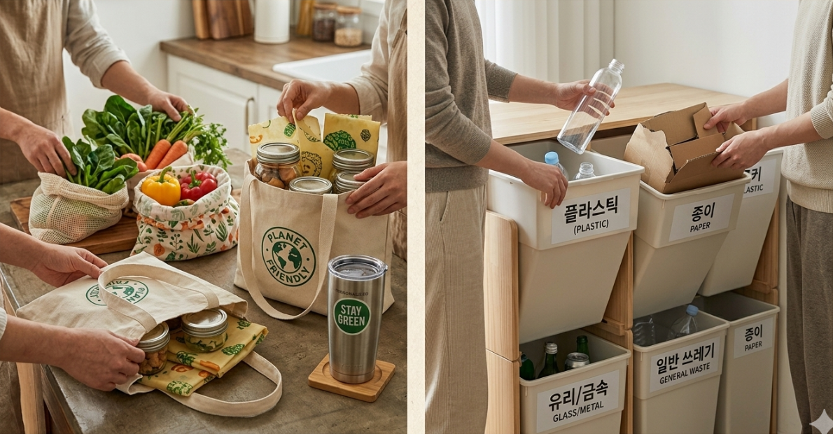 일상 생활 속 텀블러 에코백 사용 및 제로웨이스트 분리수거 친환경 라이프스타일