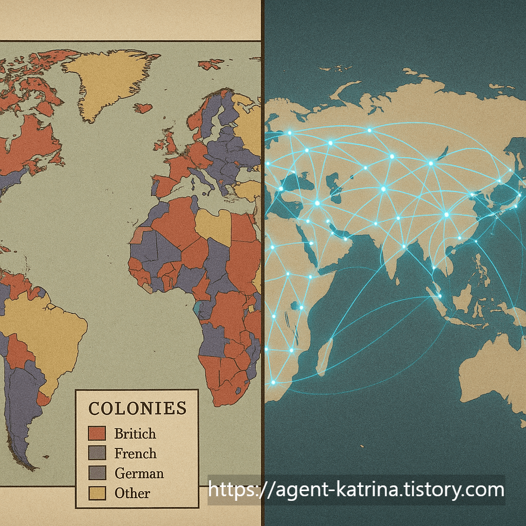 ChatGPT 역사적 제국주의 시대의 식민지 지도와 현대 글로벌 경제 네트워크를 비교하는 이미지