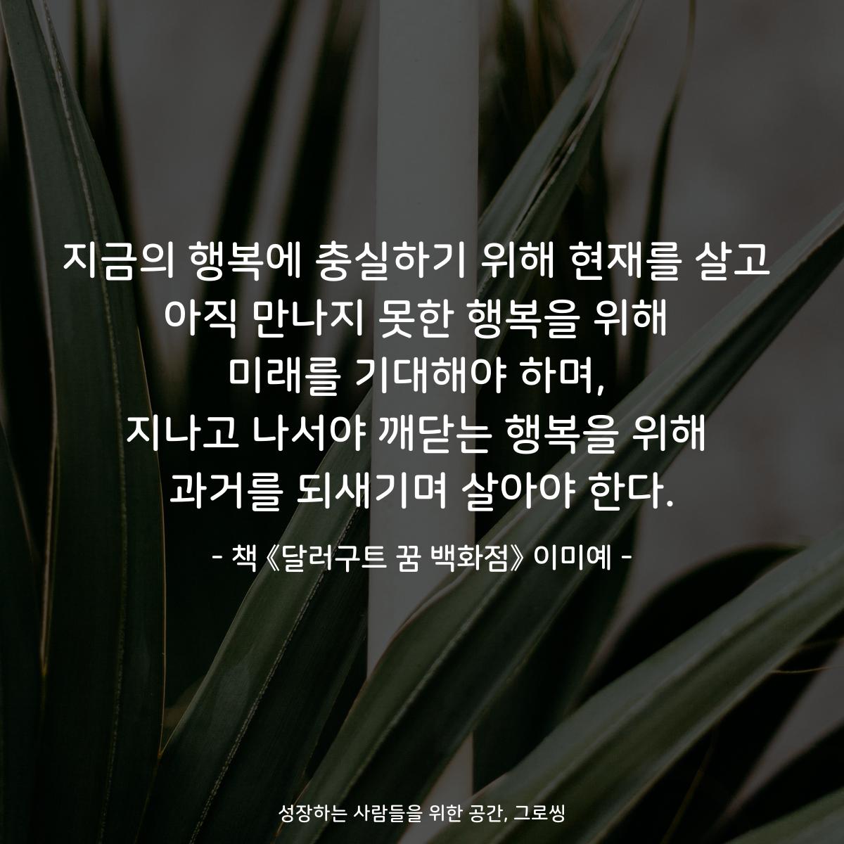 지금의 행복에 충실하기 위해 현재를 살고
아직 만나지 못한 행복을 위해
미래를 기대해야 하며,
지나고 나서야 깨닫는 행복을 위해
과거를 되새기며 살아야 한다.