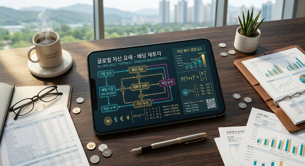 세련된 서재 테이블 위 태블릿 화면에 선명하게 정렬된 TIME Korea플러스배당액티브 과세이연 혜택 및 연금 계좌 복리 재투자 스노우볼 지도