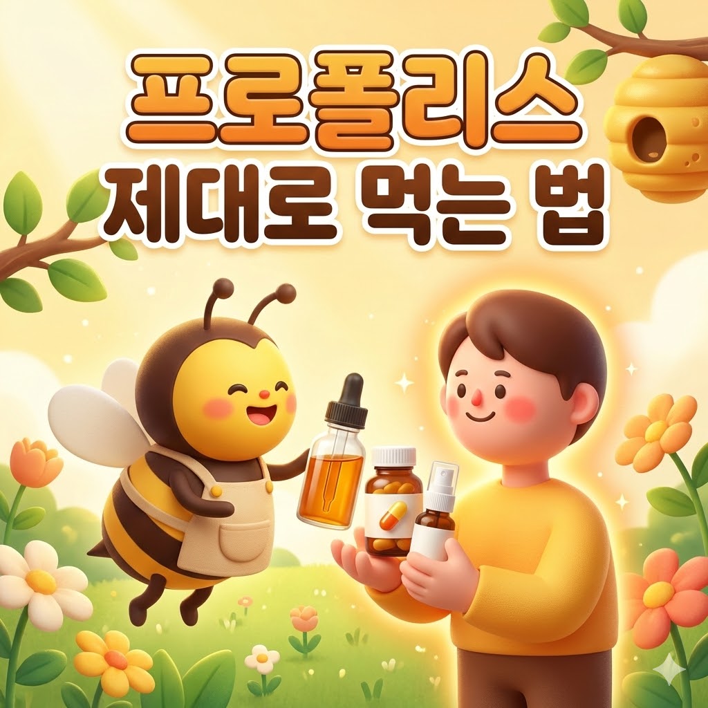 다양한 프로폴리스 형태를 친근하게 보여주는 3D 카툰 일러스트. 꿀벌이 액상, 캡슐, 스프레이 프로폴리스를 들고 있고, 건강해 보이는 사람이 미소 짓는 모습