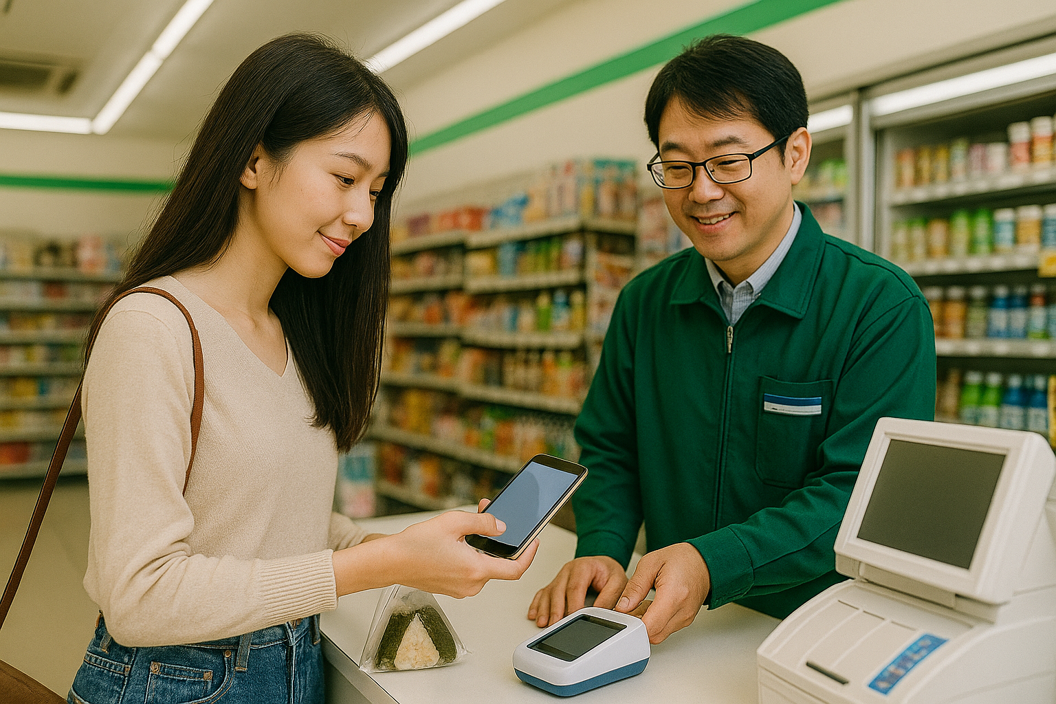 일본 편의점에서 휴대폰 페이 서비스로 결제하는 사진