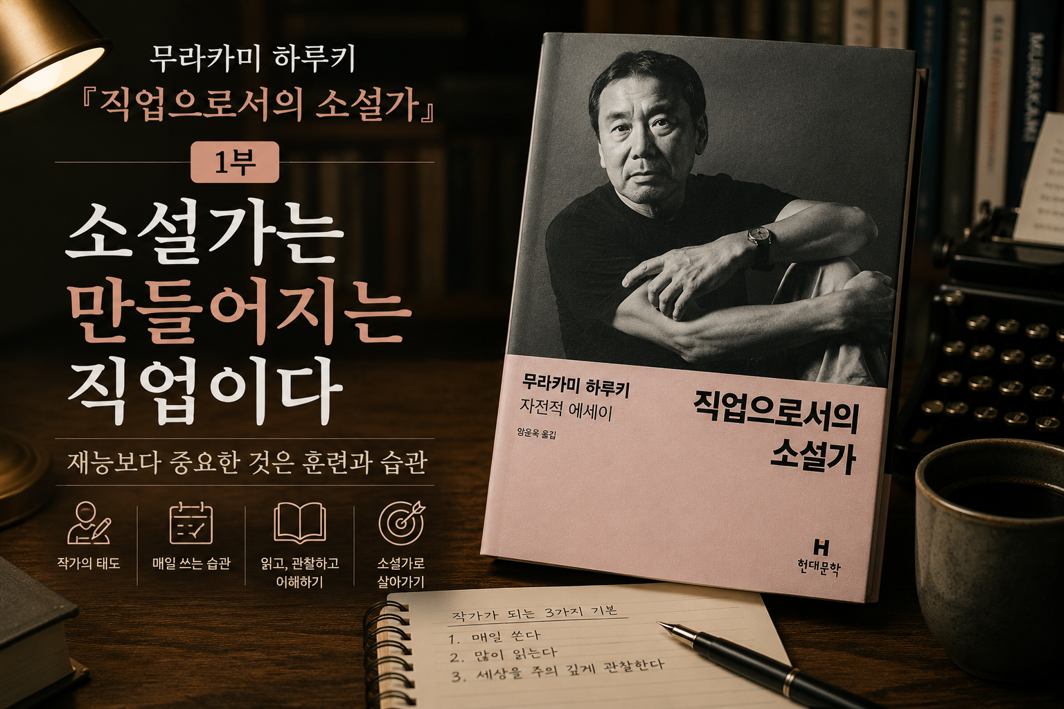 무라카미 하루키 『직업으로서의 소설가』 1부 '소설가는 만들어지는 직업이다'를 소개하는 썸네일. 책, 노트, 펜, 커피잔이 놓인 서재 배경 위에 소설가는 재능보다 훈련과 습관으로 만들어진다는 메시지를 담고 있다.