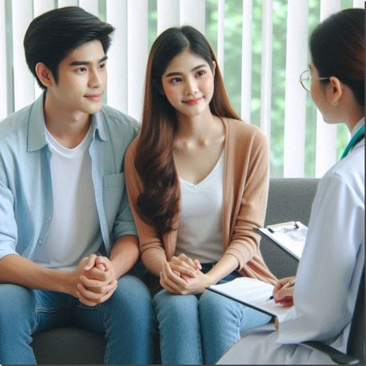 관계후 배아픔 문제로 상담하는 젊은 부부