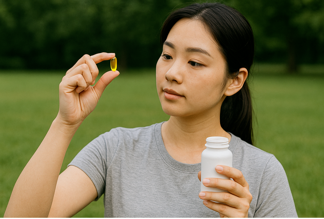 비타민 보충을 위해 영양제를 확인하는 여성의 모습, 여름철 피로 회복을 위한 보충제 섭취