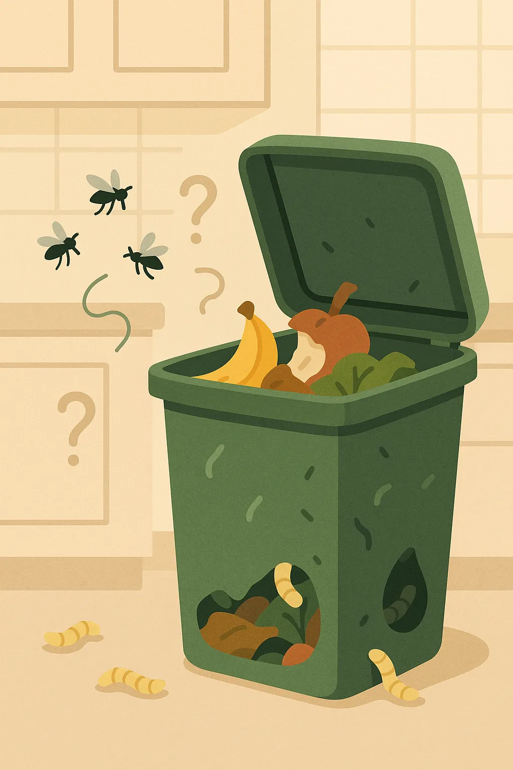 주방 바닥에 놓인 열린 쓰레기통 속 음식물 쓰레기에서 파리들이 날아다니고 구더기들이 기어나오는 모습의 일러스트