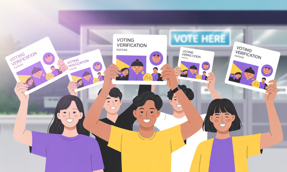 2025년 제21대 대통령선거 투표인증종이를 들고 기쁘게 포즈를 취하는 MZ세대 유권자들의 모습. 밝은 보라색과 노란색이 강조된 현대적인 일러스트로 투표 참여의 활기찬 분위기를 표현.