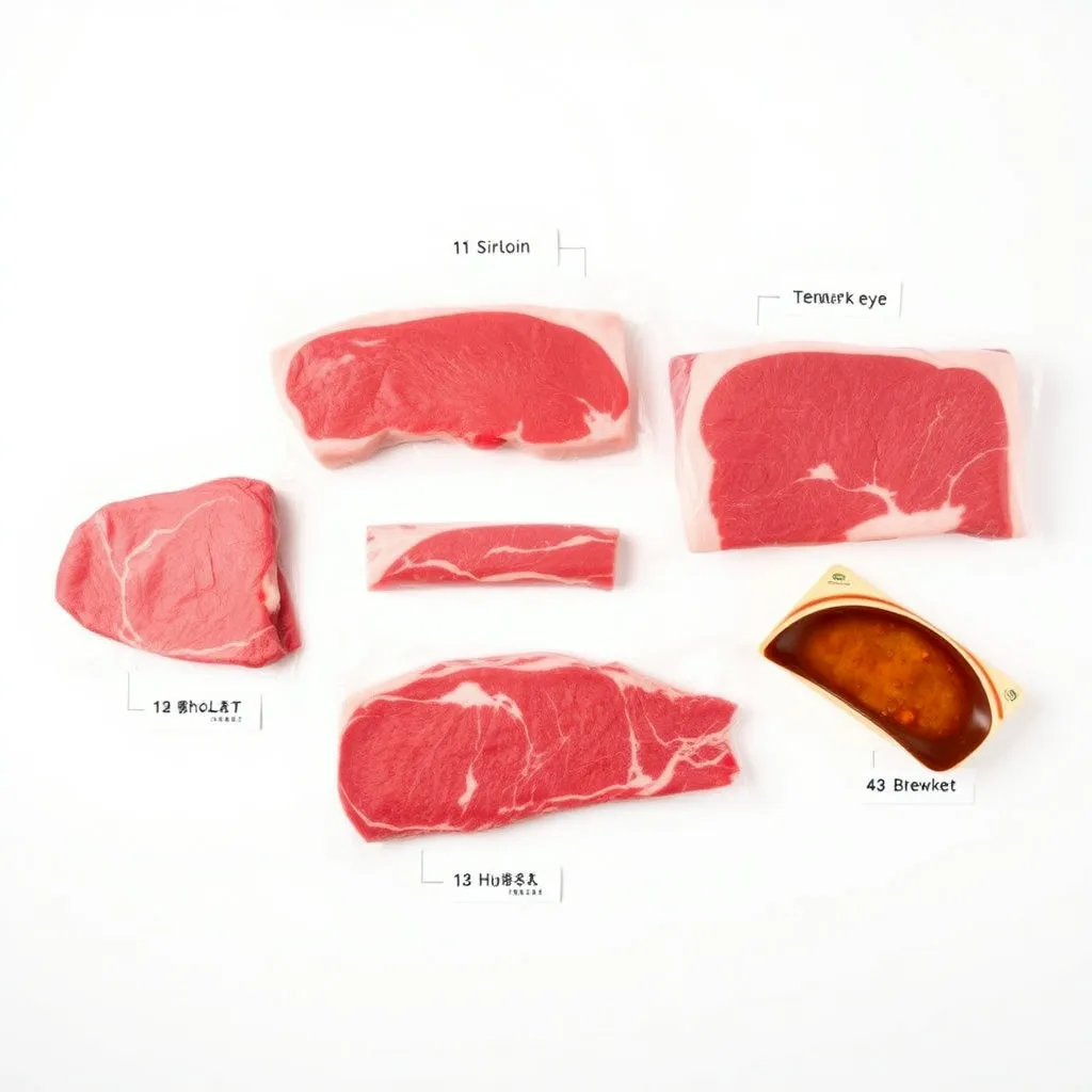 등심, 채끝, 안심, 갈비살, 차돌박이, 국거리용 등 다양한 한우 부위들이 각각 진공 포장되어 라벨과 함께 보기 좋게 배열되어 있습니다. 각 부위의 색감과 형태가 돋보이도록 깔끔한 배경을 사용합니다.