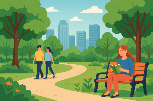 도시 속 공원에서 사람들이 산책하고 벤치에 앉아 책을 읽는 장면의 디지털 일러스트