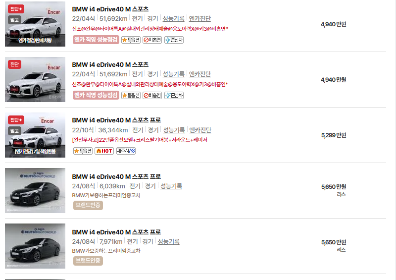 bmw i4 중고차 가격 시세표 유지비